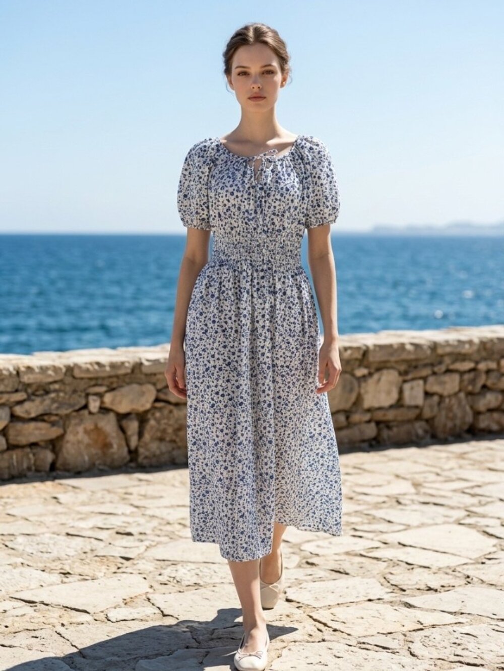 Uniqlo White Blue Floral Smocked Midi Dress Size S Puff Sleeve Cottagecore